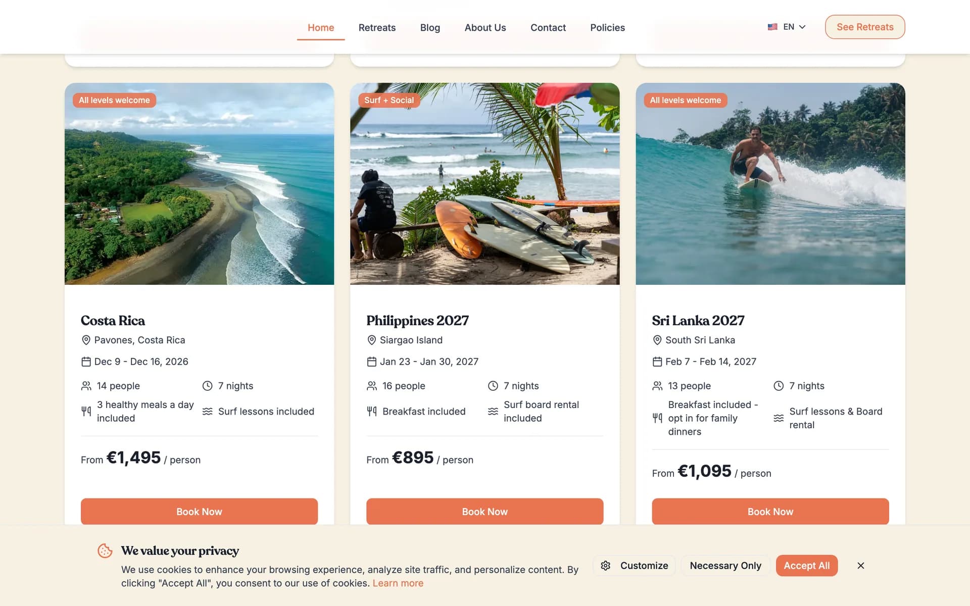 Retreat detail page